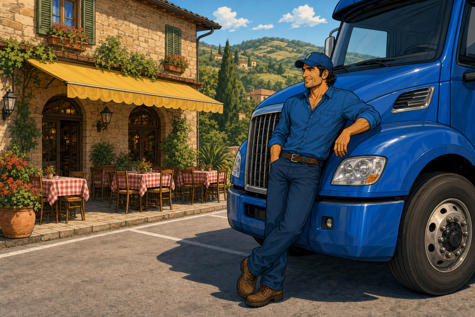 Autista con camion nel parcheggio del locale partner